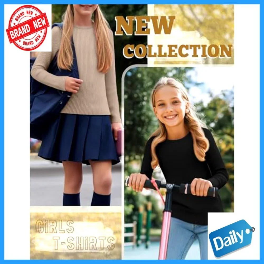3 Pack Girls Long Sleeve Ribbed Cotton Tees Slim Fit Layering Tops